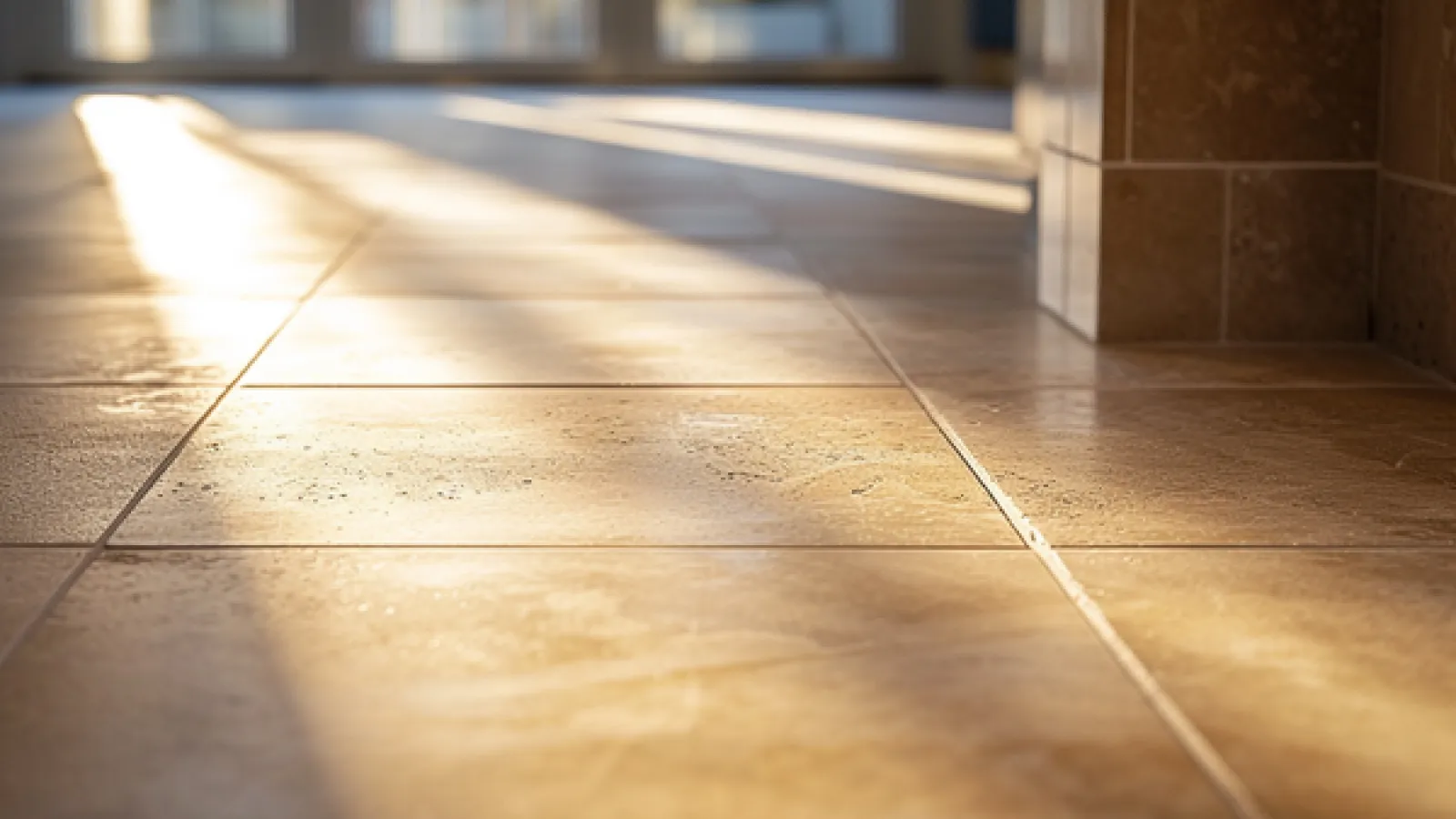 Sunlight casting warm shadows on beige stone tiled floor in a modern interior space.