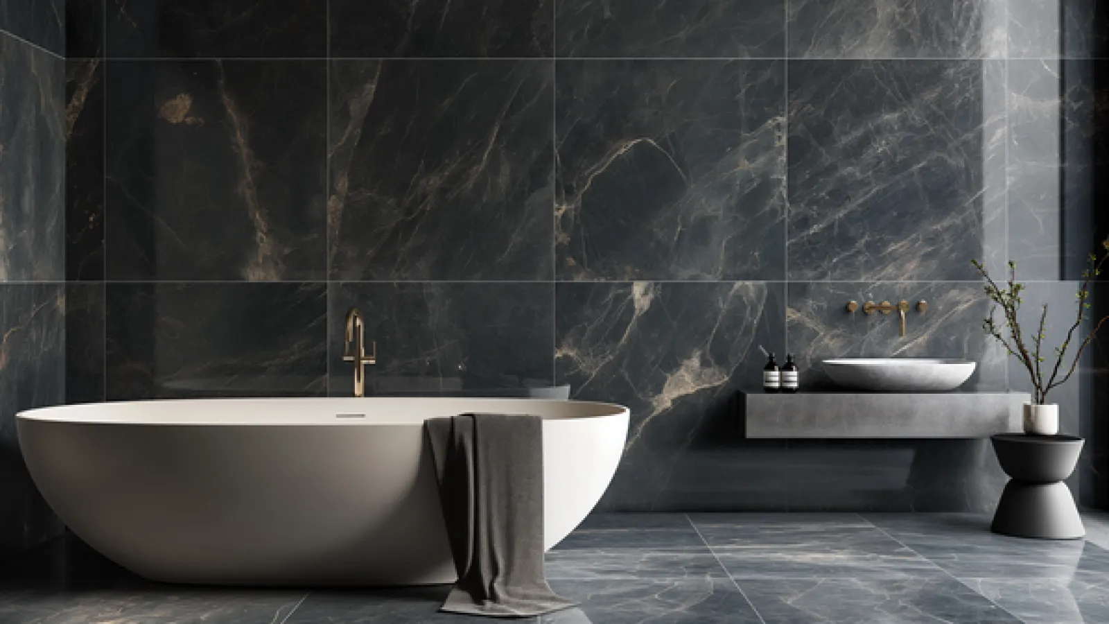 Modern bathroom with freestanding white bathtub, dark marble walls and floor, and minimalist sink area.