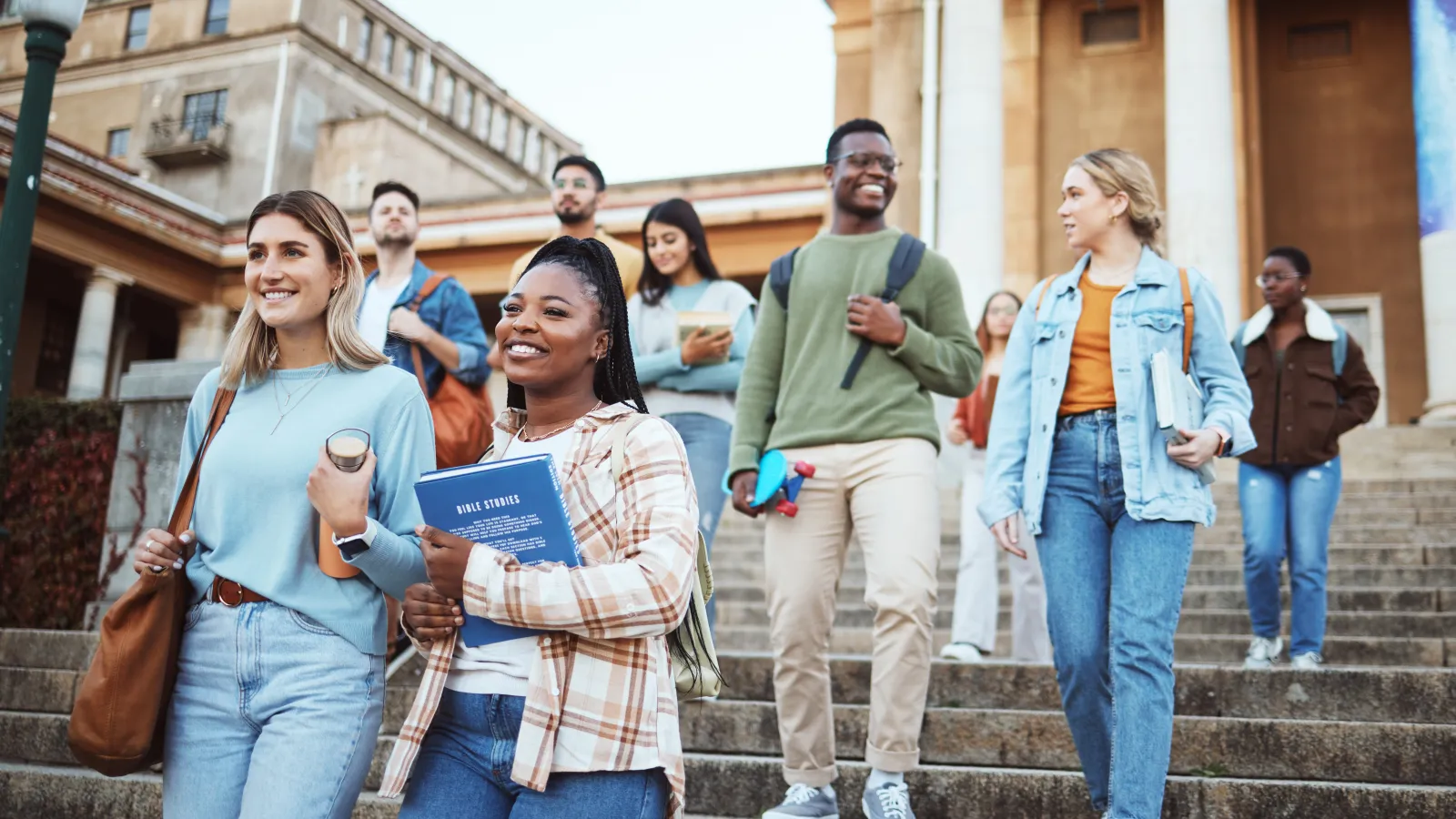 a group of people walking up stairs