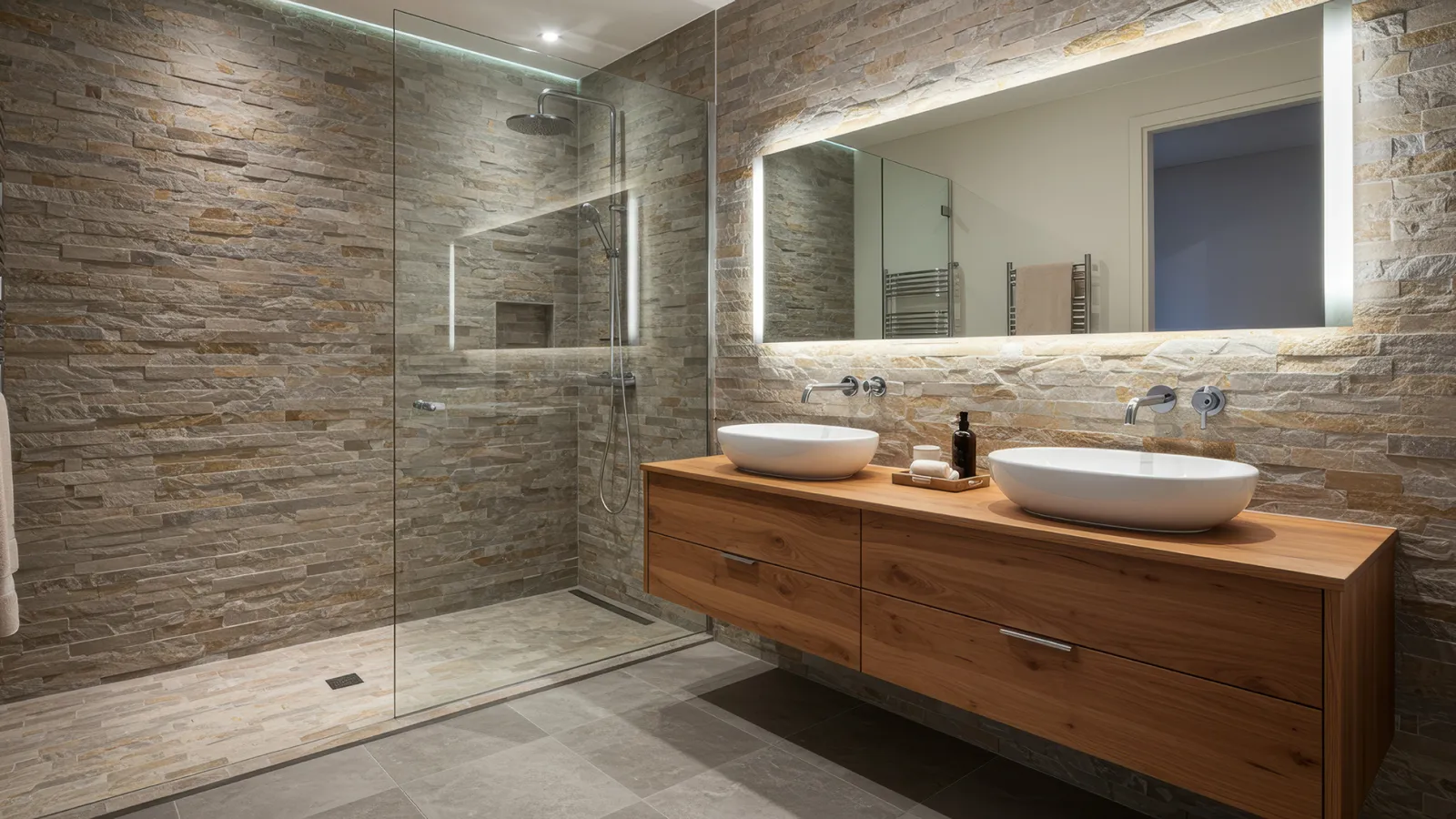 Modern bathroom with stone tile walls, glass shower enclosure, wooden vanity, and illuminated mirror above dual sinks