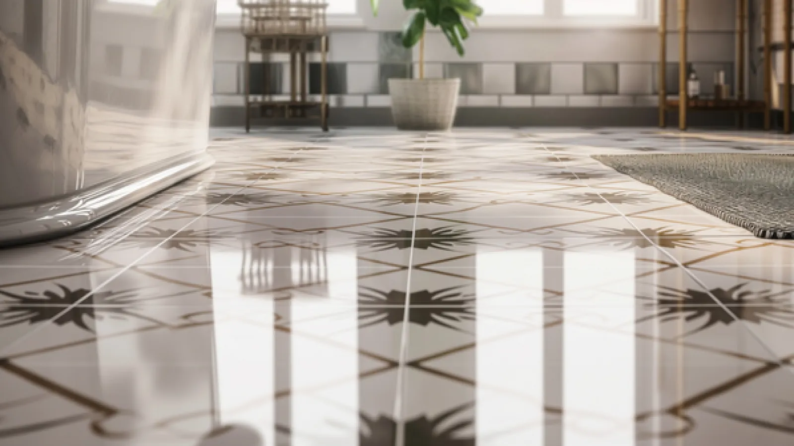 Glossy patterned floor tiles in a bright bathroom with a bathtub, plant, and natural light reflections.