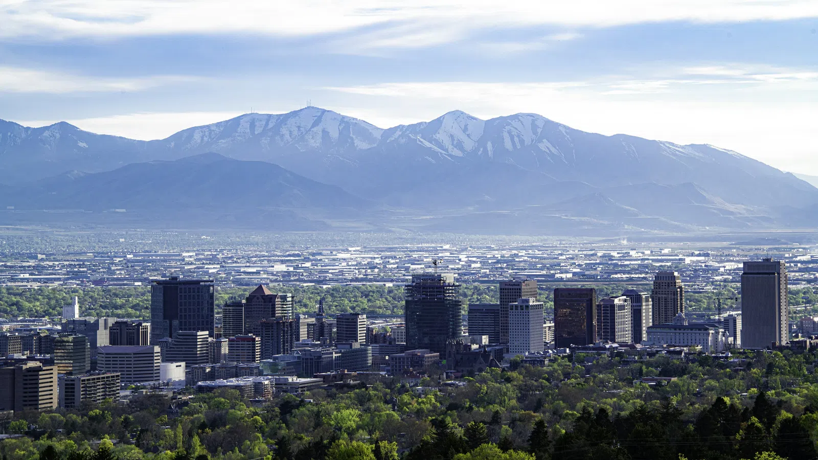 City skyline with tall buildings surrounded by green trees and mountains under a clear blue sky.