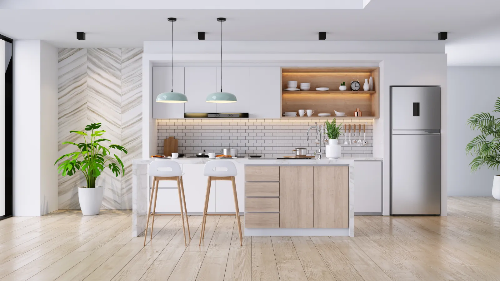 a kitchen with white cabinets and white appliances