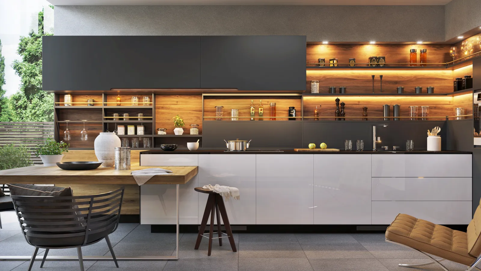 Modern kitchen with gray and white cabinets, wood accents, a dining table, and large glass windows with outdoor view