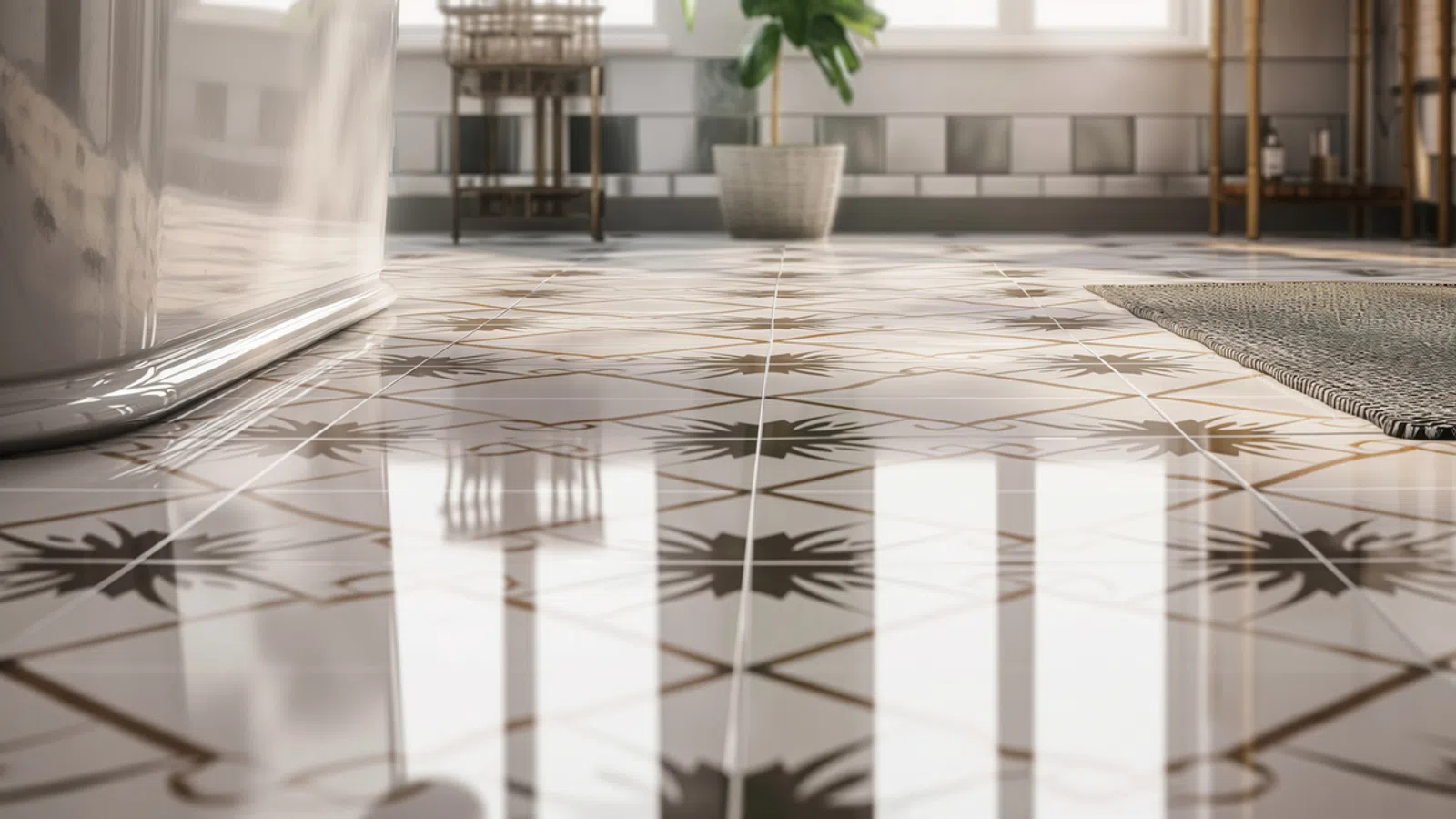 Close-up of glossy patterned floor tiles reflecting sunlight in a bright bathroom with modern decor.