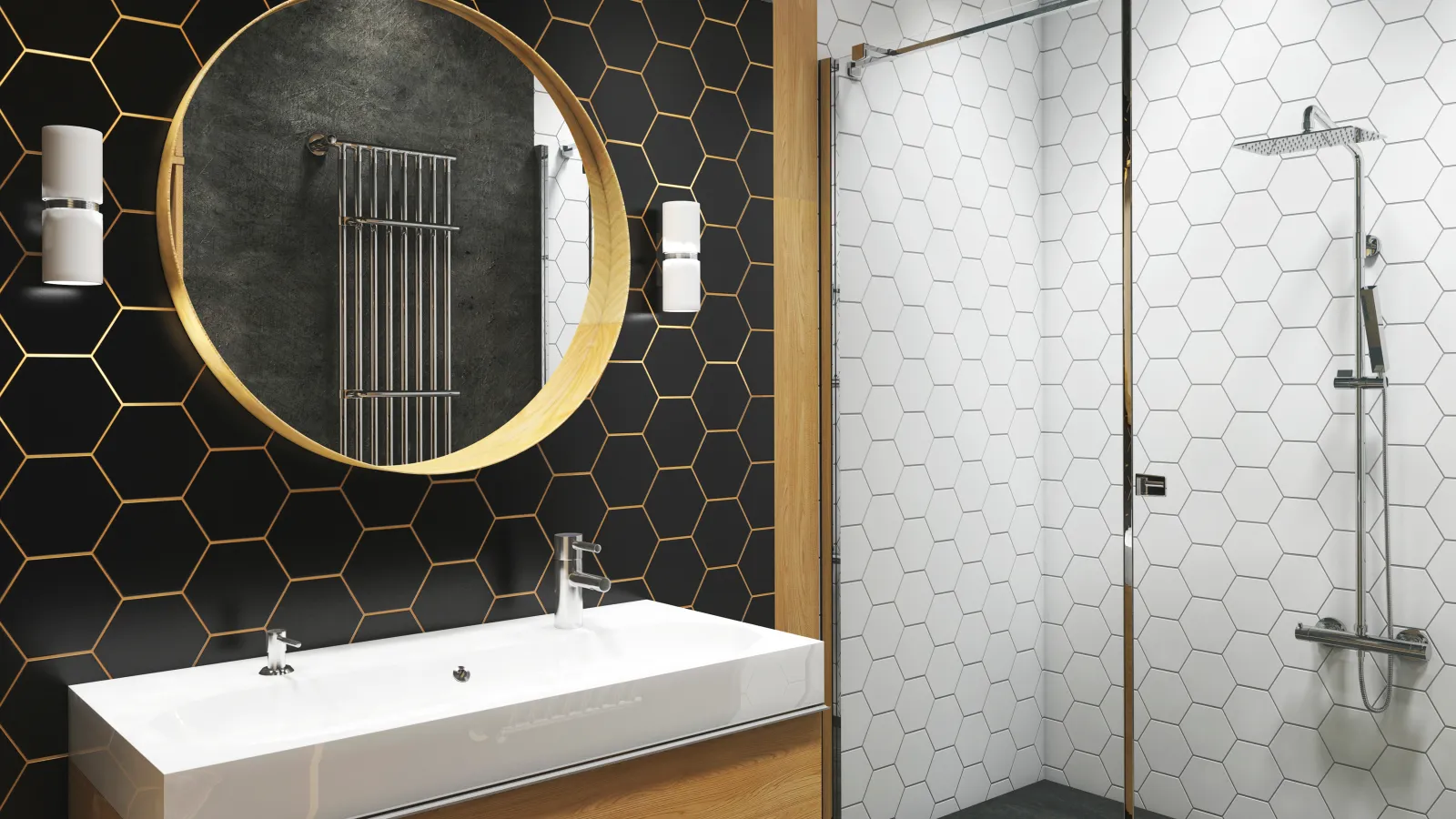 Modern bathroom with black and white hexagonal tiles, wooden vanity, round mirror, and glass shower enclosure