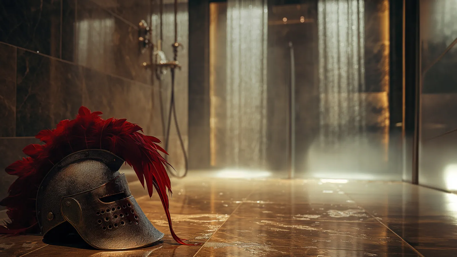 Ancient Roman gladiator helmet with red plume on tiled floor in a dimly lit room with waterfall in background