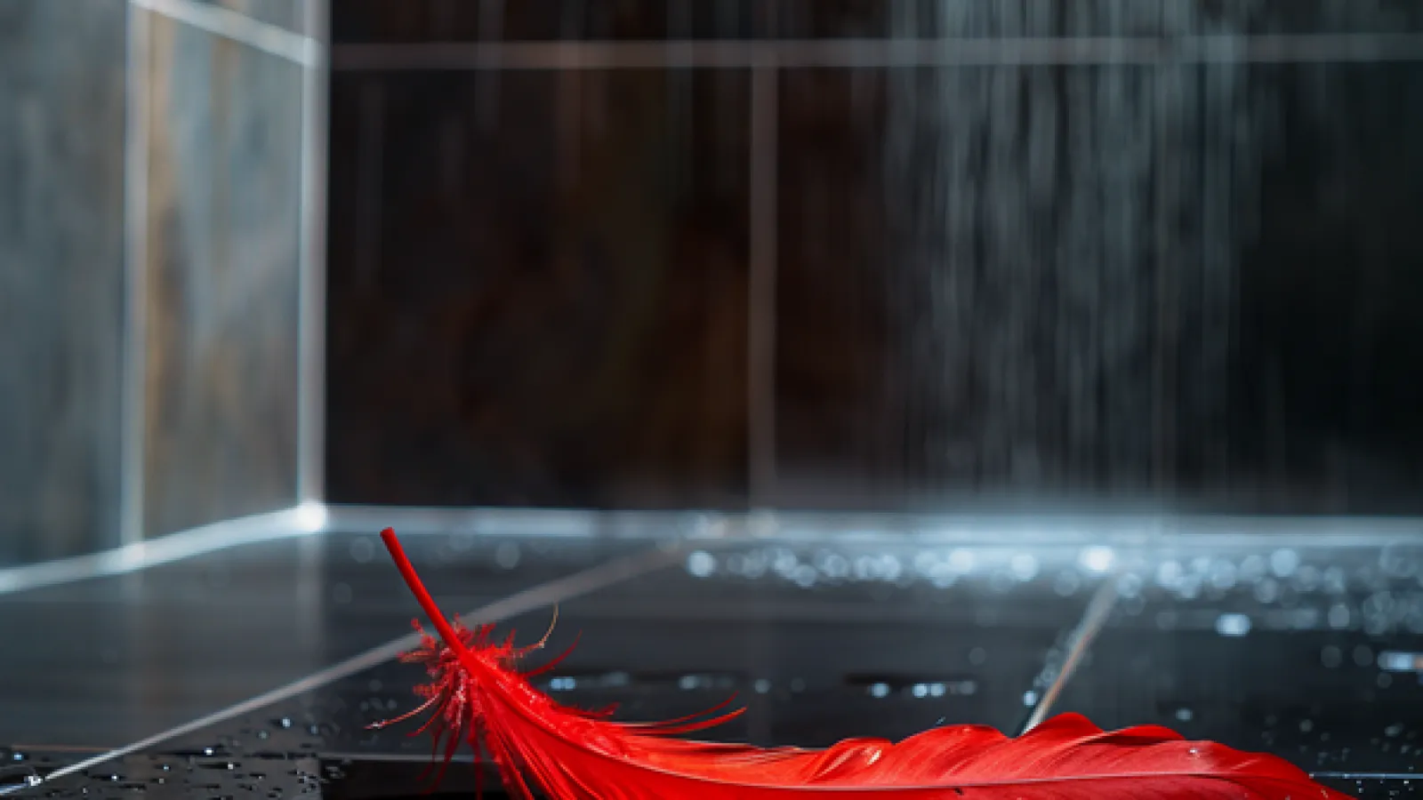 Bright red feather resting on wet black tiles with water droplets and blurred falling water in background