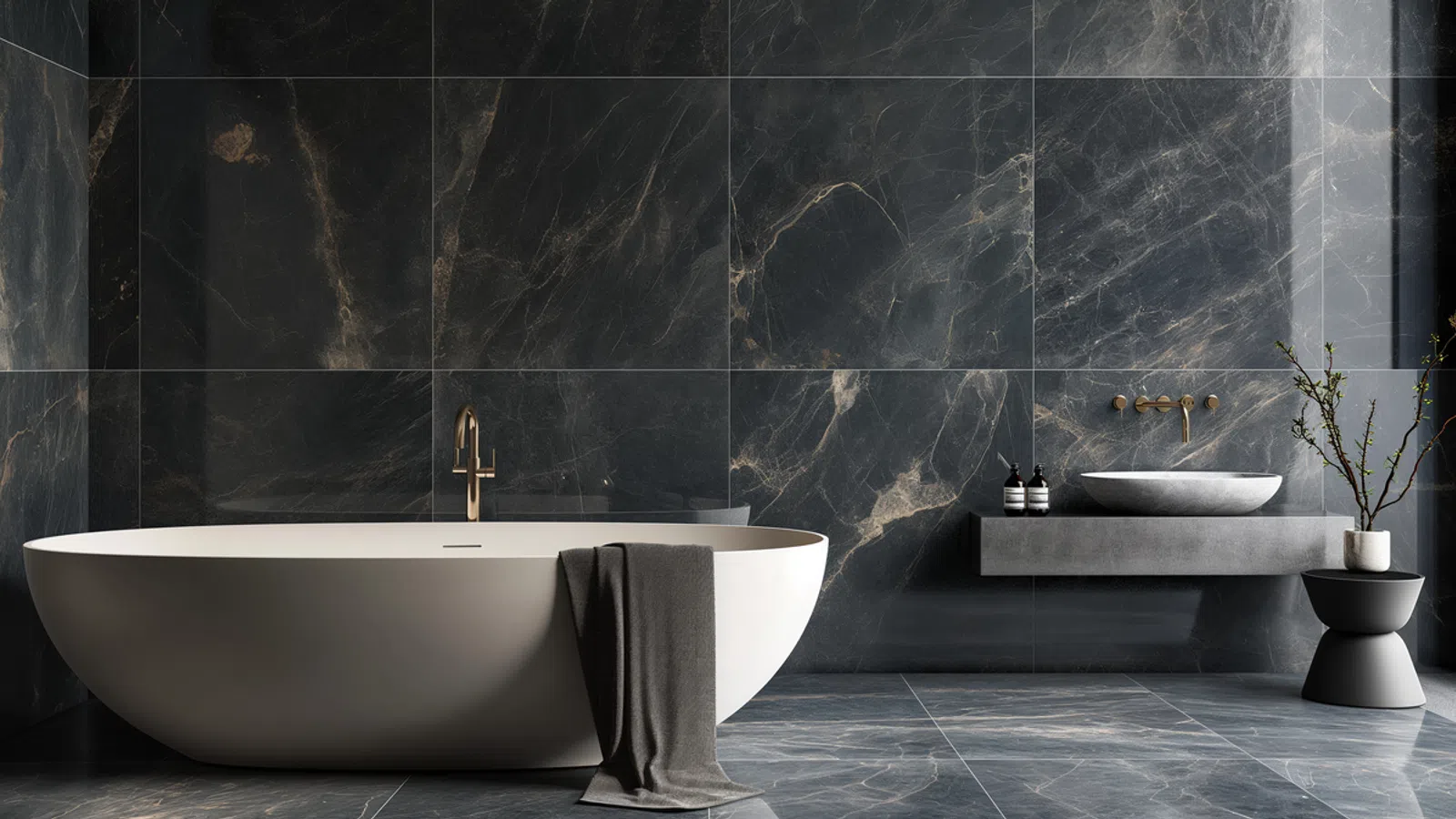 Modern bathroom with a freestanding white bathtub, dark marble walls, and a floating sink with gold fixtures.