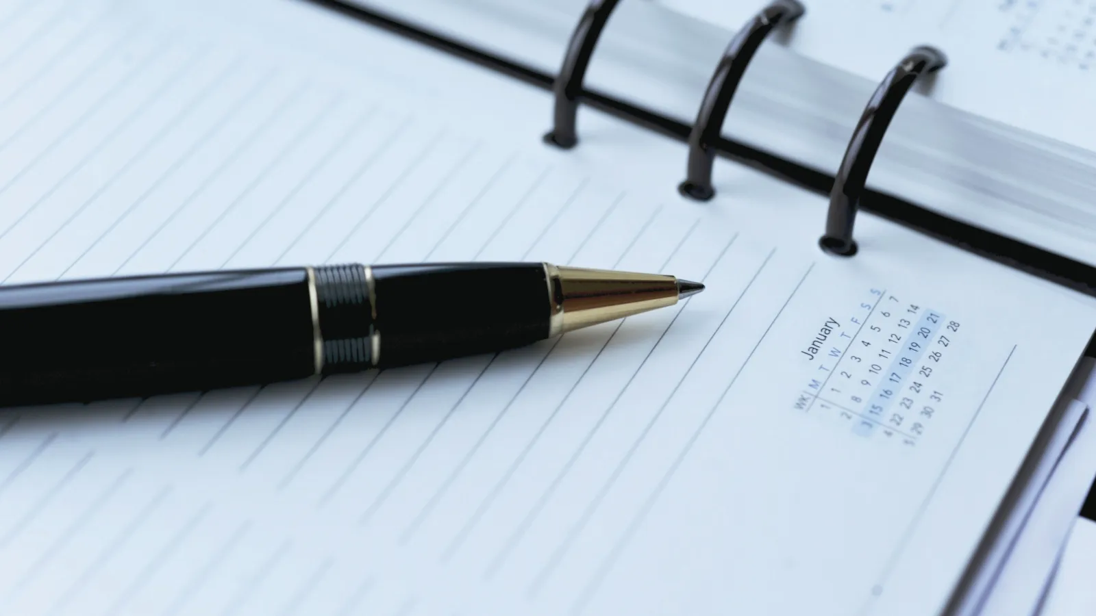 Close-up of a black pen resting on an open lined planner with a small January calendar visible.