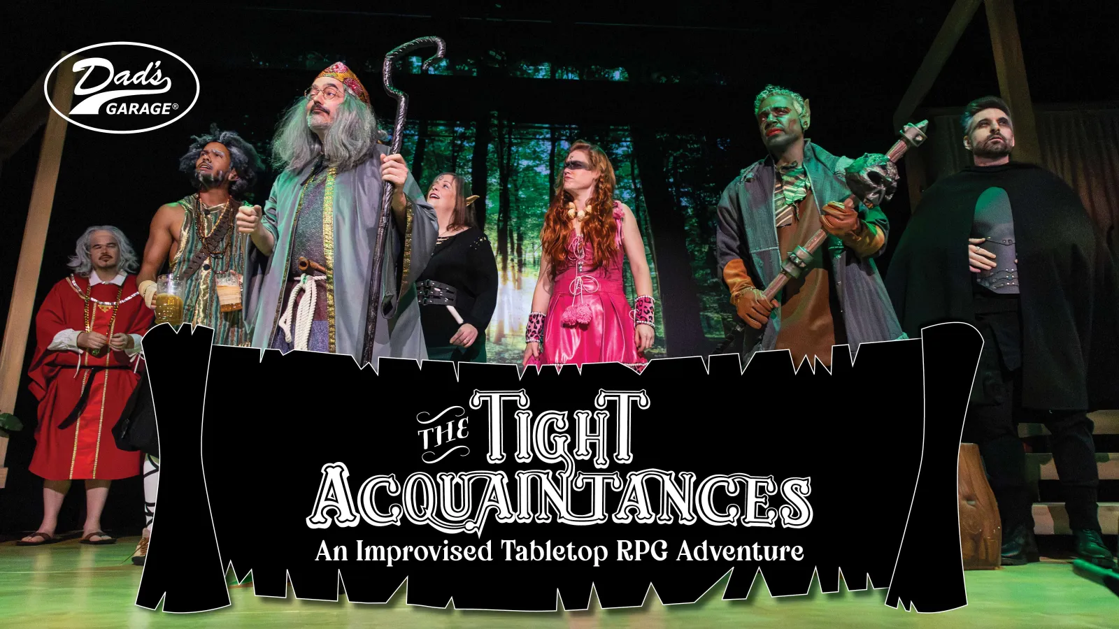 Cast in fantasy costumes performing The Tight Acquaintances