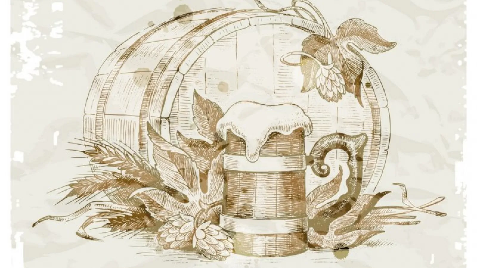 Vintage drawing of a beer mug with foam, wooden barrel, hops, and barley on textured paper background.