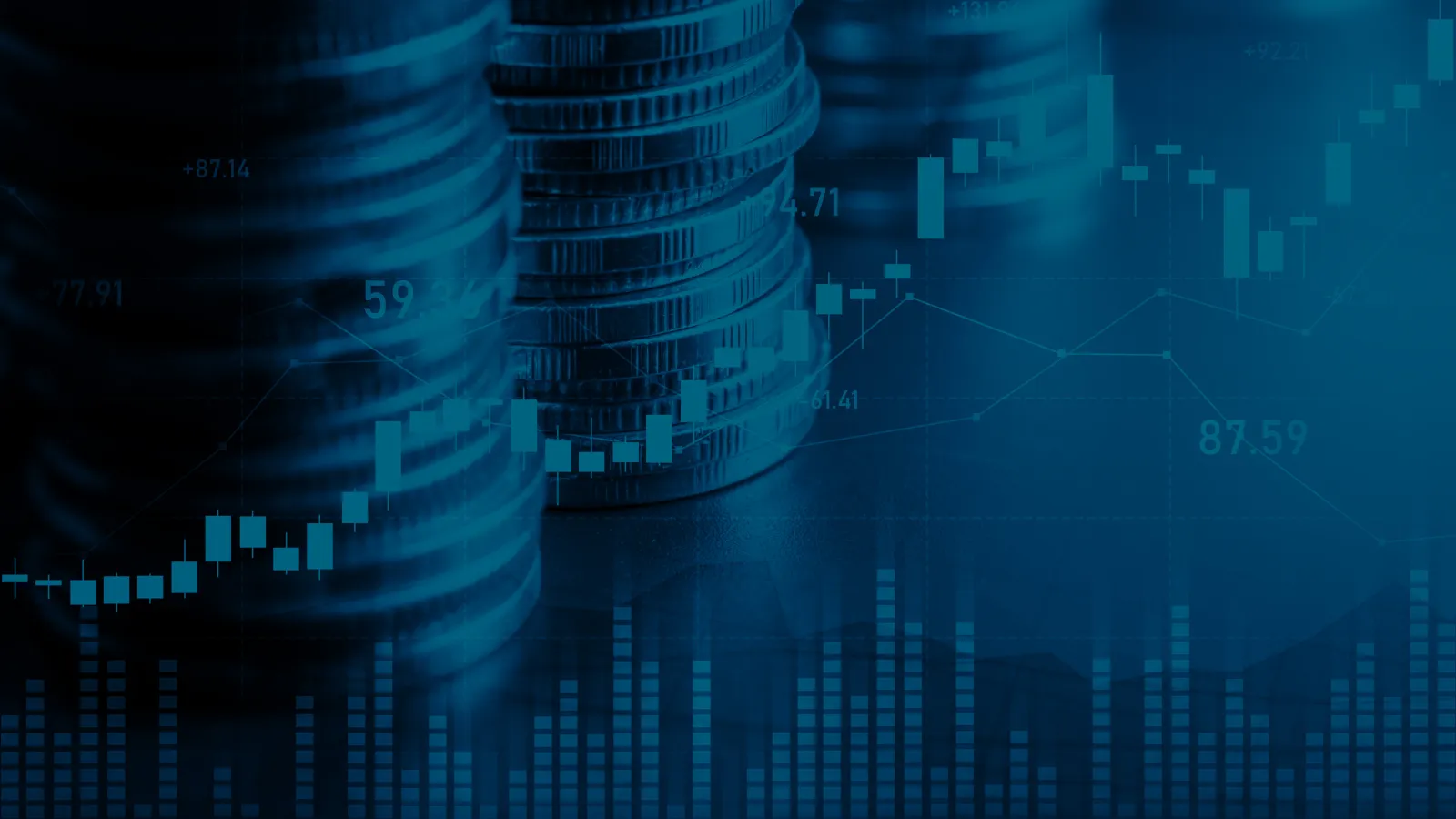 Stacked coins with financial charts and graphs overlay representing investment growth and market trends.