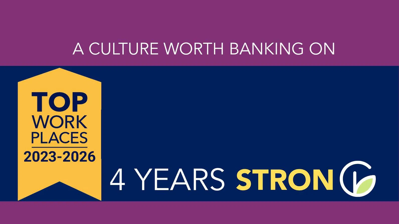 Top Work Places 2023-2026 award banner with text A Culture Worth Banking On and 4 Years Strong message