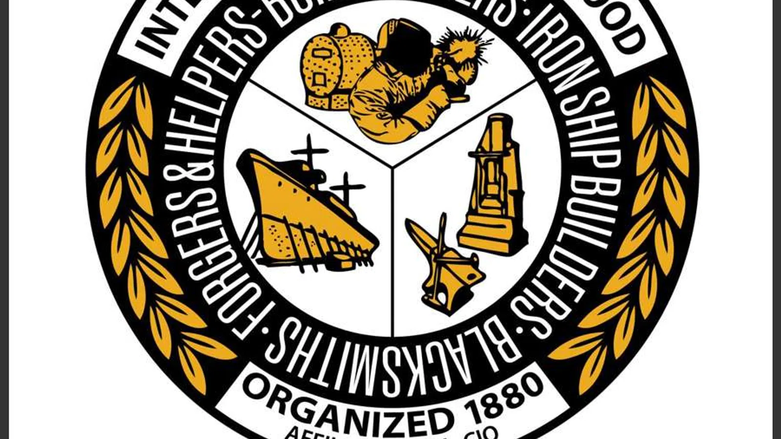 International Brotherhood union emblem featuring boilermakers, iron shipbuilders, and related trades with unity ribbon.