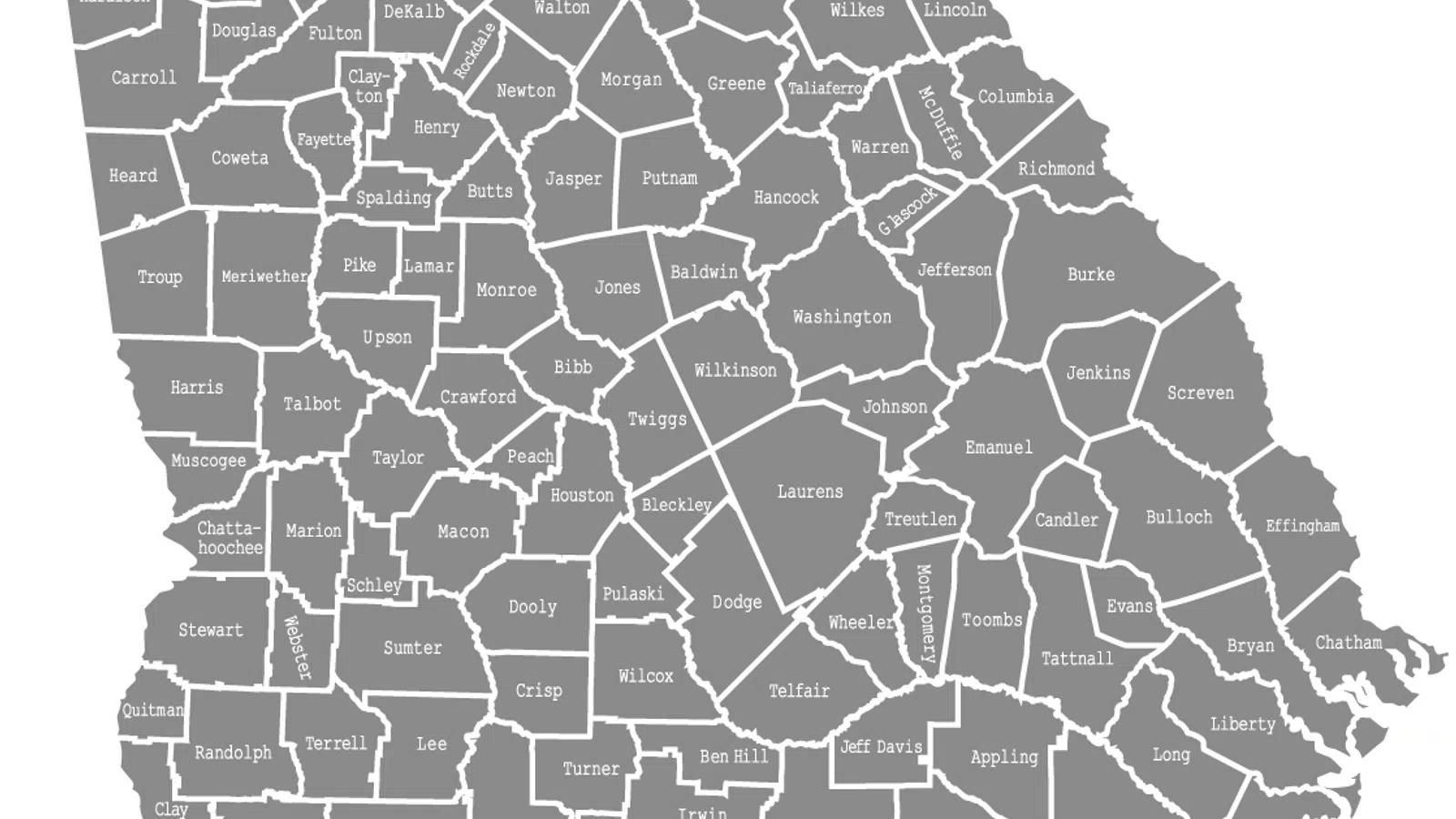 Map of Georgia showing all counties outlined and labeled within the state borders in gray