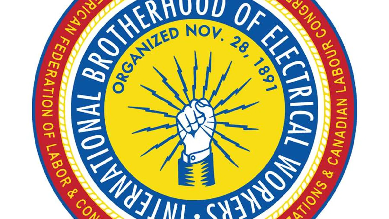 International Brotherhood of Electrical Workers logo with blue fist and lightning bolts on yellow background, red outer ring.
