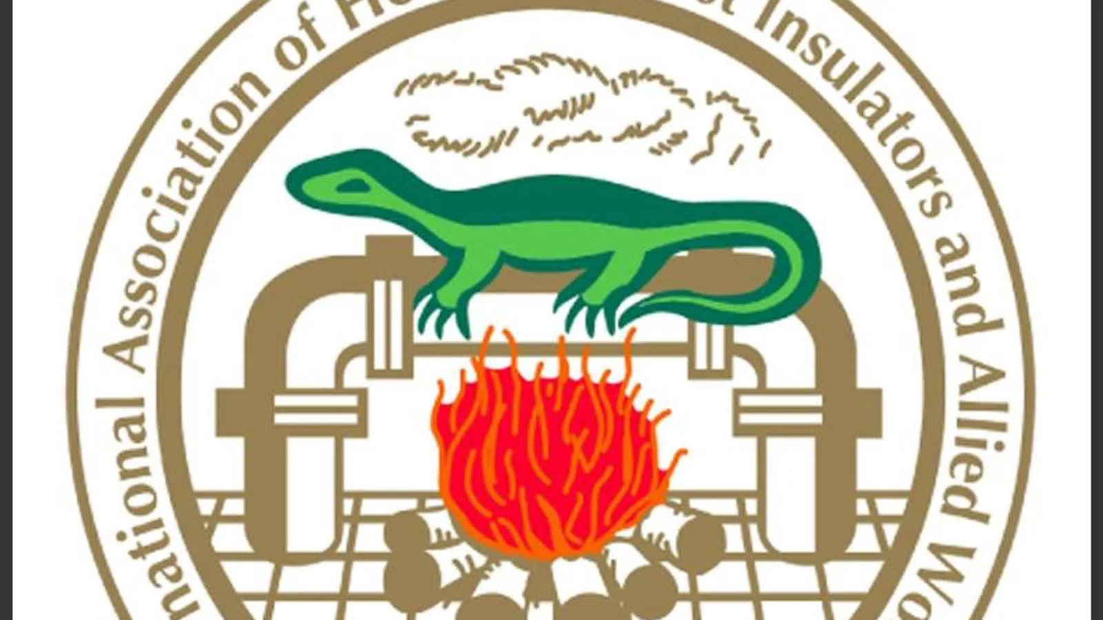 Seal of the International Association of Heat and Frost Insulators with lizard, pipes, fire, and text Est. 1903.