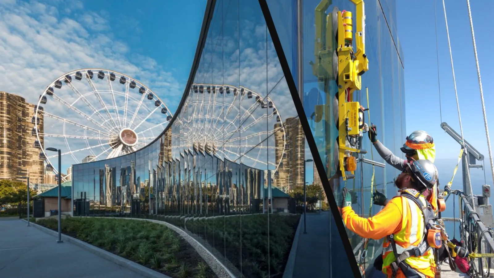 Workers in safety gear install large glass panels with city skyline and Ferris wheel reflections on a sunny day.