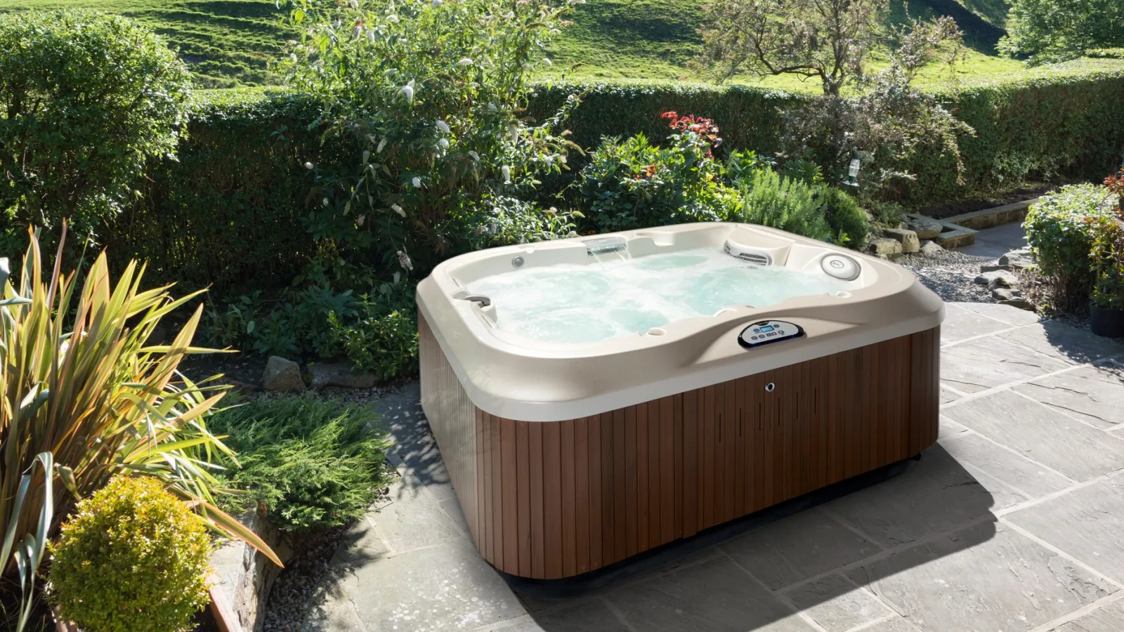 a running hot tub on a patio