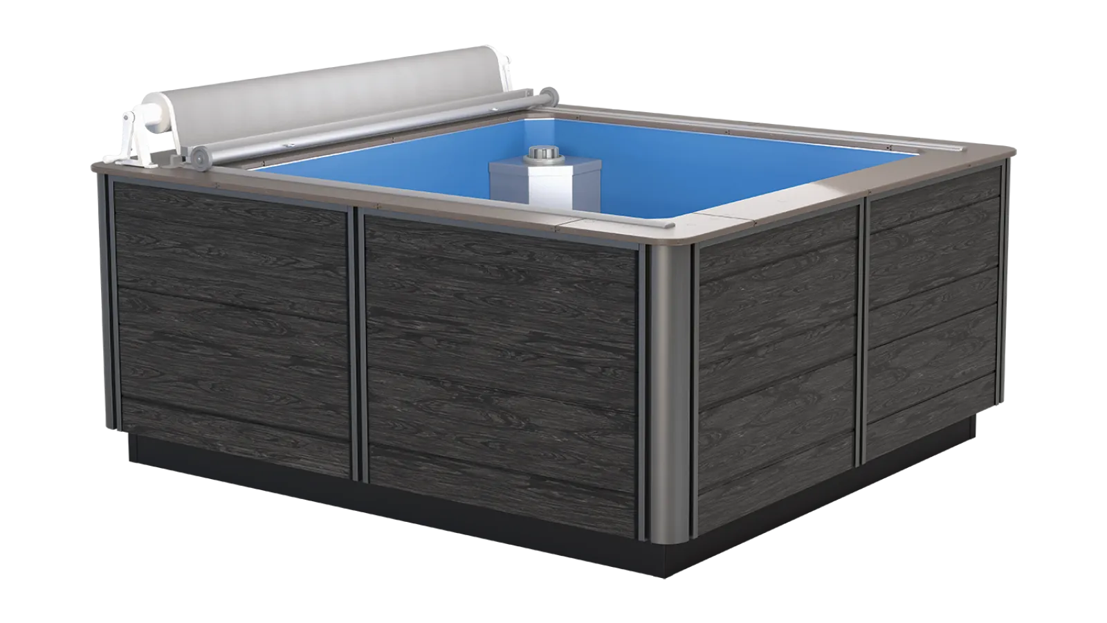 Modern square above-ground hot tub with dark wood paneling and a retractable cover on one side.
