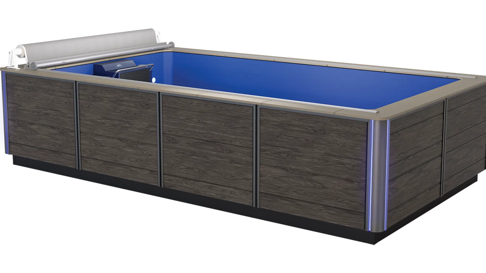 Rectangular modern swim spa with wood panel exterior and blue interior, featuring a pool cover roller and control panel.