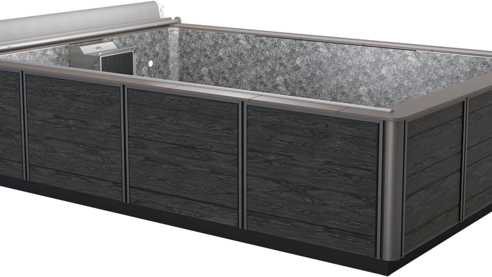 Modern rectangular above-ground pool with dark wood paneling and a roll-up pool cover partially open