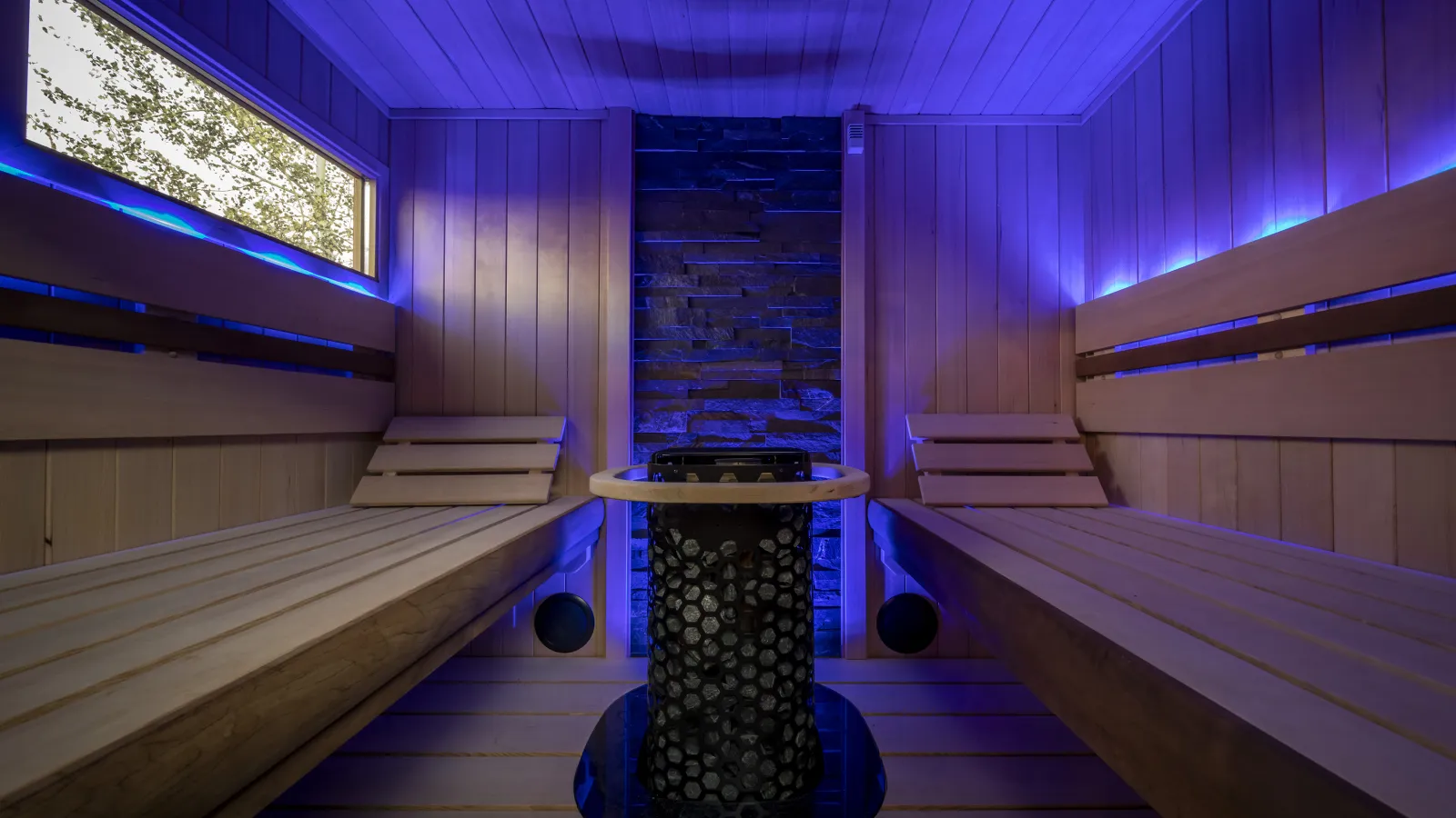 a sauna with benches