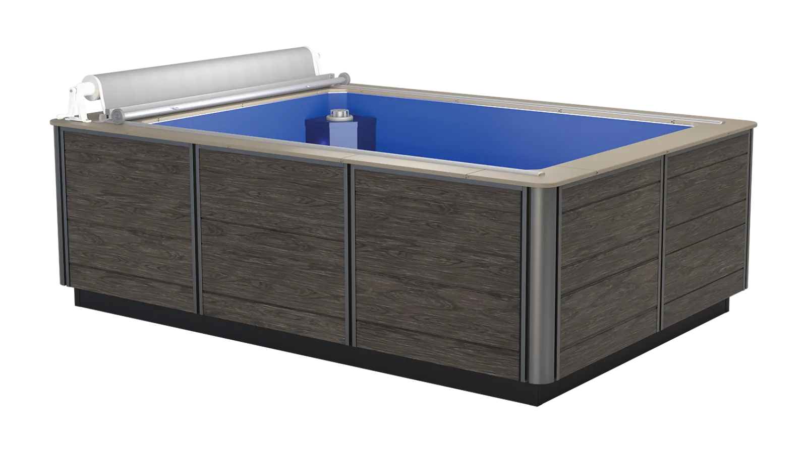 Rectangular above-ground spa with wood panel exterior and blue interior, featuring a rolled cover on one side.