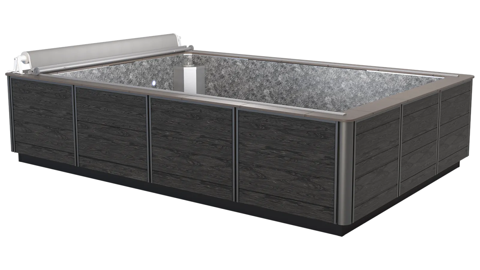 Rectangular above-ground pool with dark wood panel exterior and metallic frame, featuring a roll-up pool cover.