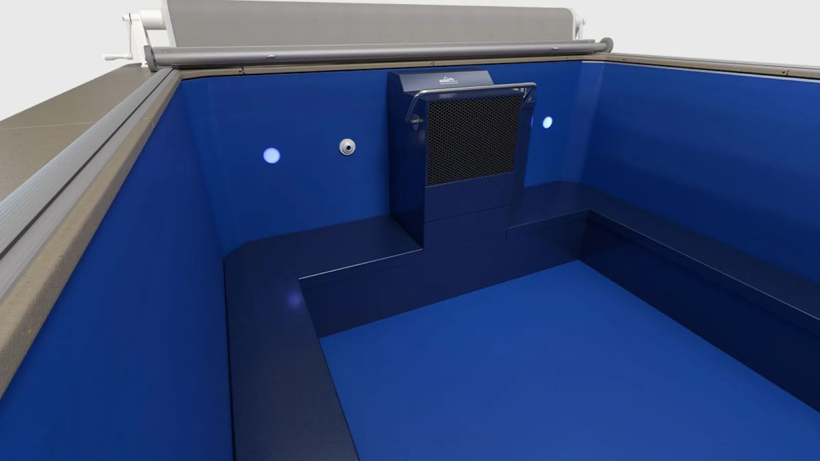 Modern deep blue industrial tank with integrated filtration and lighting systems inside.