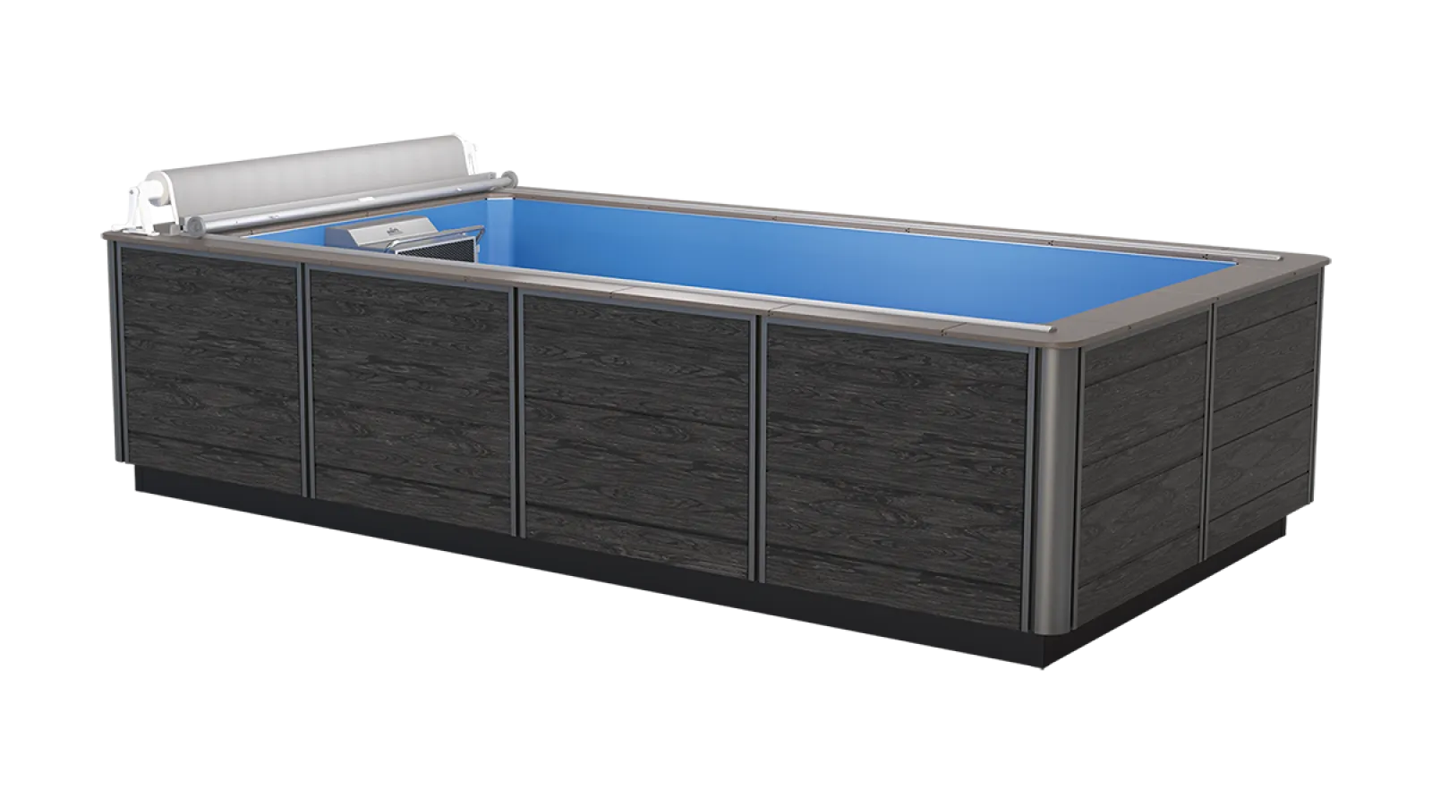 Rectangular above-ground pool with dark wood panels and a blue interior, featuring a pool cover roller.
