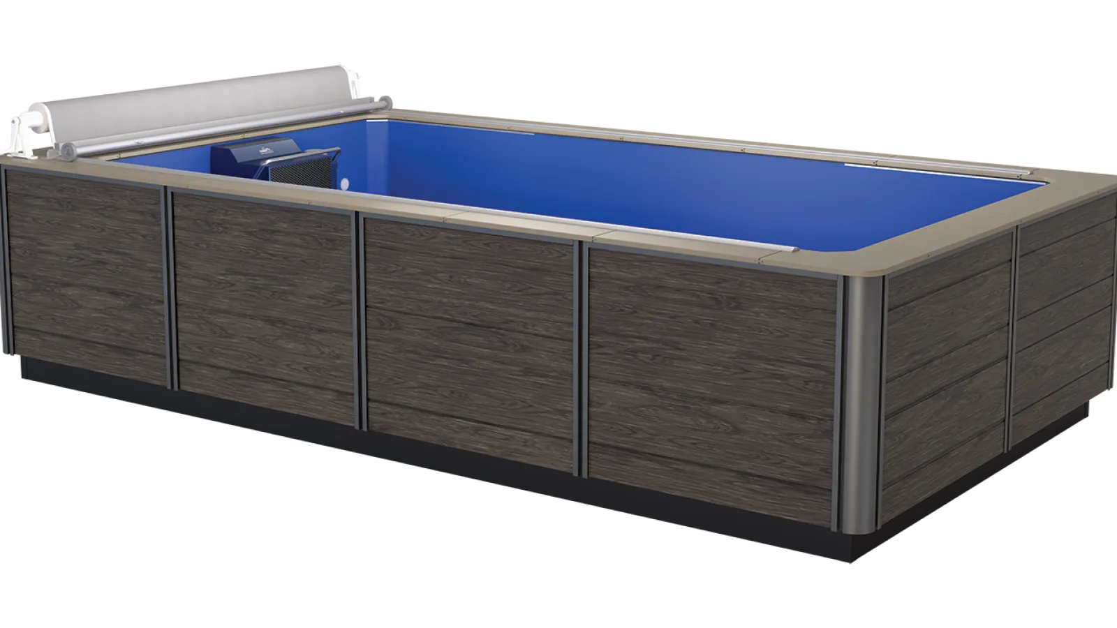 Rectangular above-ground pool with wood-paneled exterior and blue interior, equipped with a pool cover and pump system.