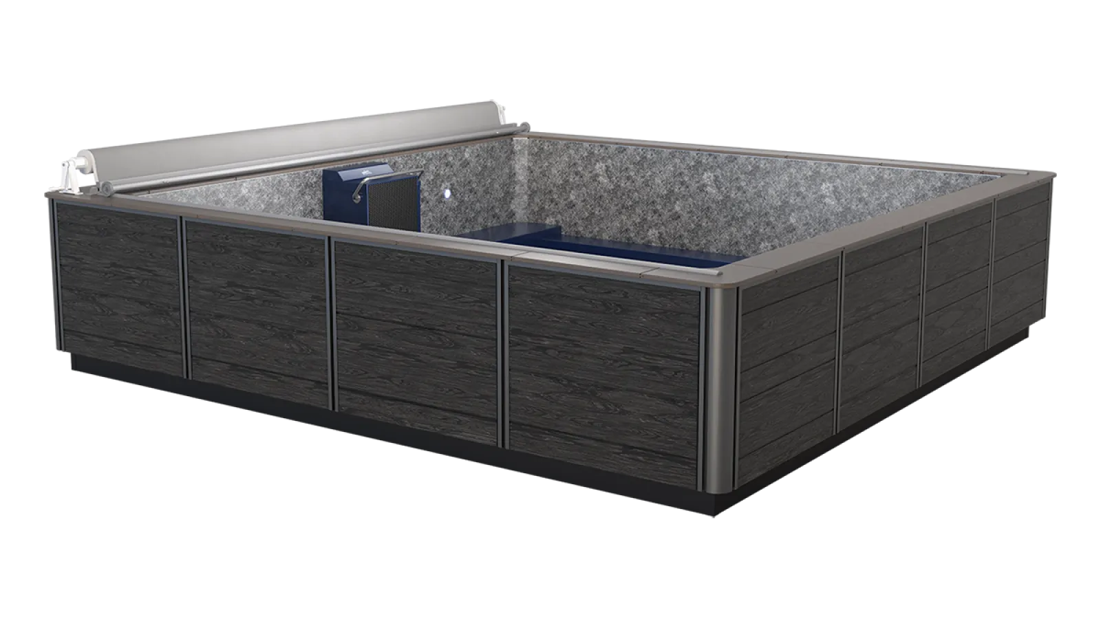 Modern square above-ground pool with dark wood panel exterior and built-in filtration system