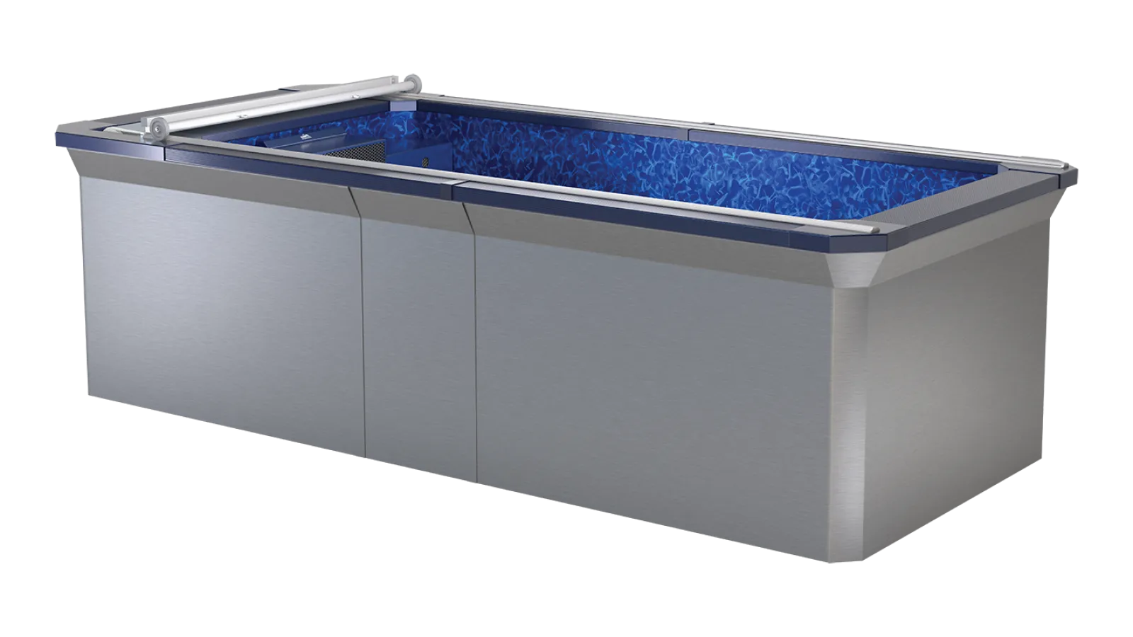 Modern rectangular silver swim spa with blue water interior and stainless steel rails