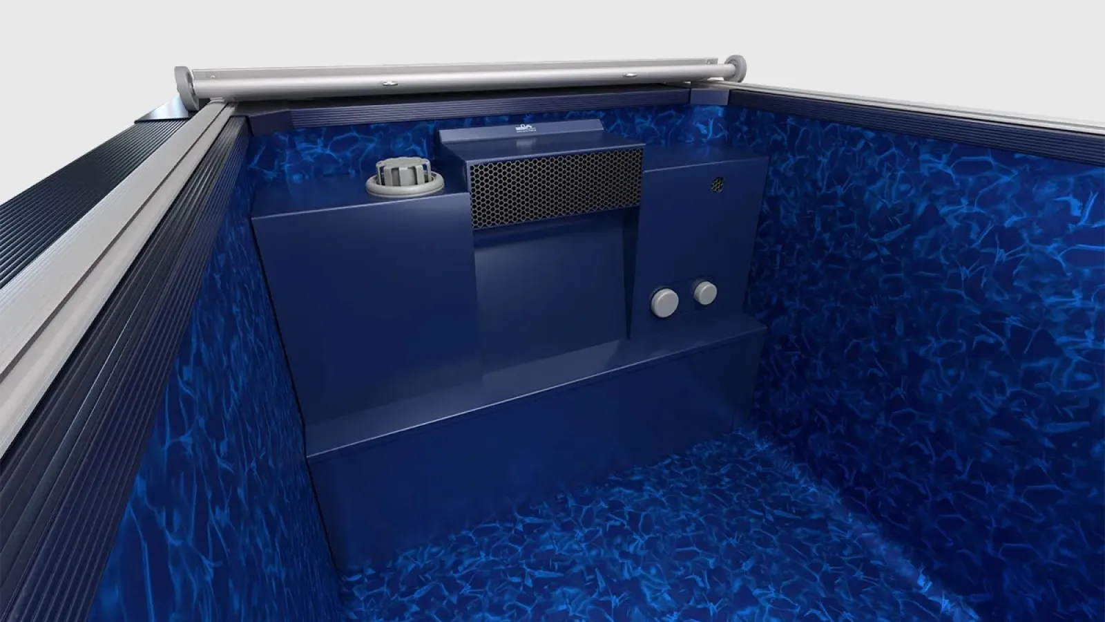 Close-up of a blue swimming pool's filtration and pump system inside the pool structure.