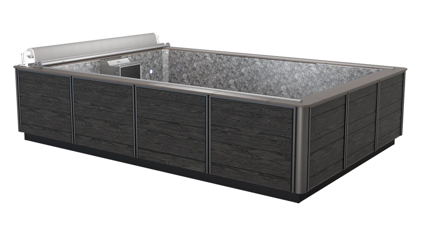 Rectangular above-ground pool with dark wood panel exterior and gray interior lining, isolated on white background.