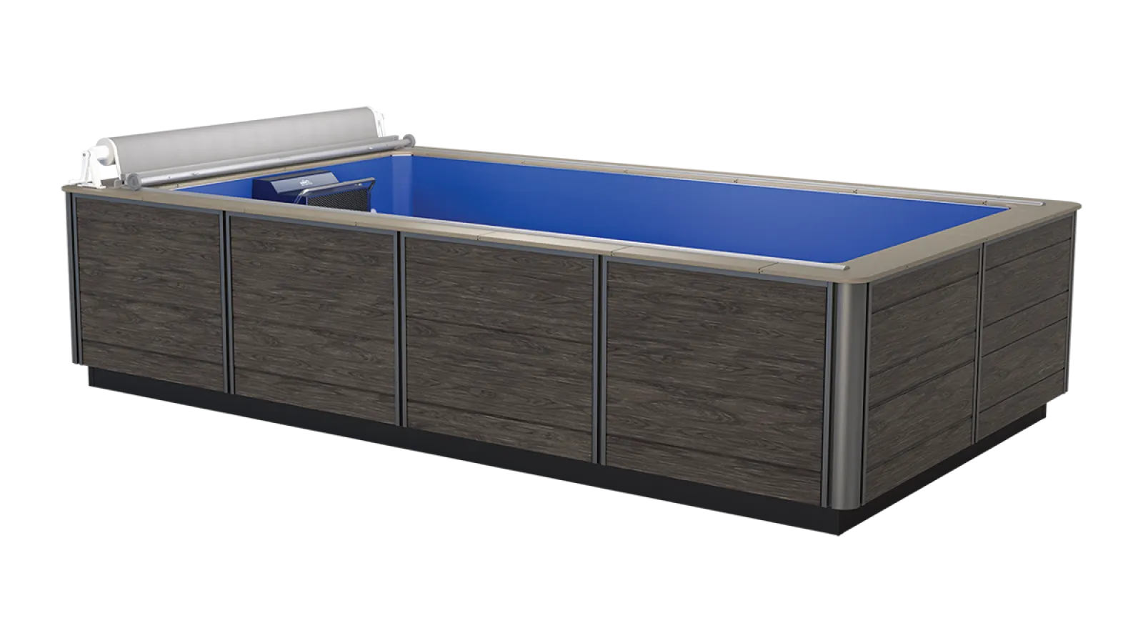 Rectangular above-ground pool with blue interior and wood-textured exterior panels, including a pool cover roller.