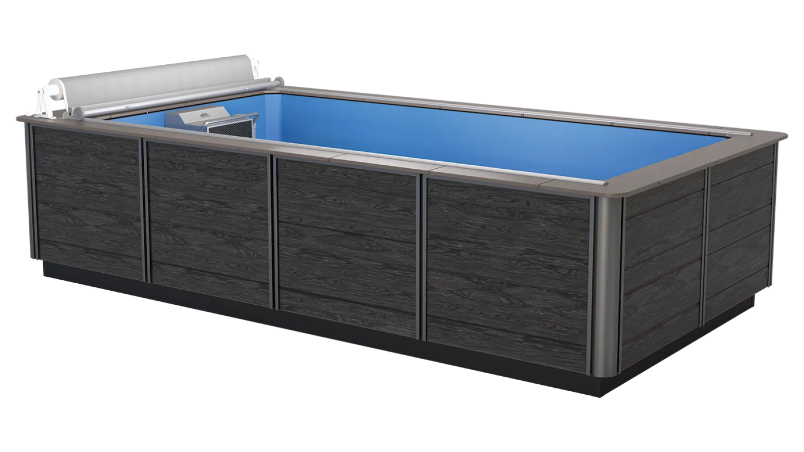 Rectangular above ground pool with dark wood paneling and bright blue water, featuring a pool cover system.