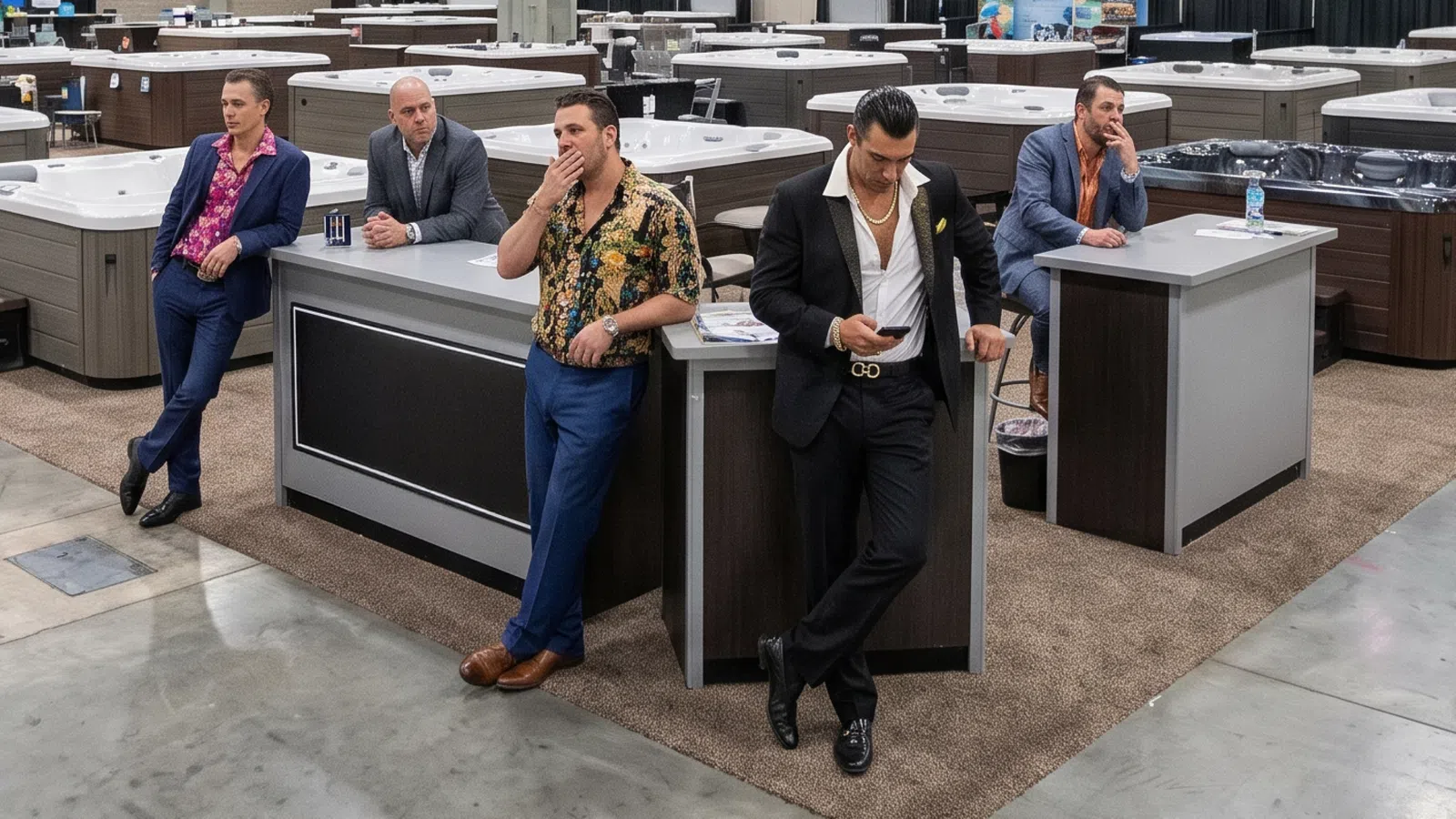Five men in stylish clothes posing around showroom hot tubs and spas inside a large warehouse.