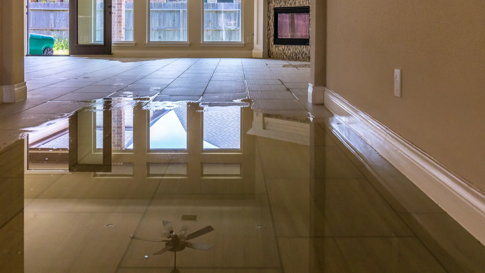 a room with a large glass door