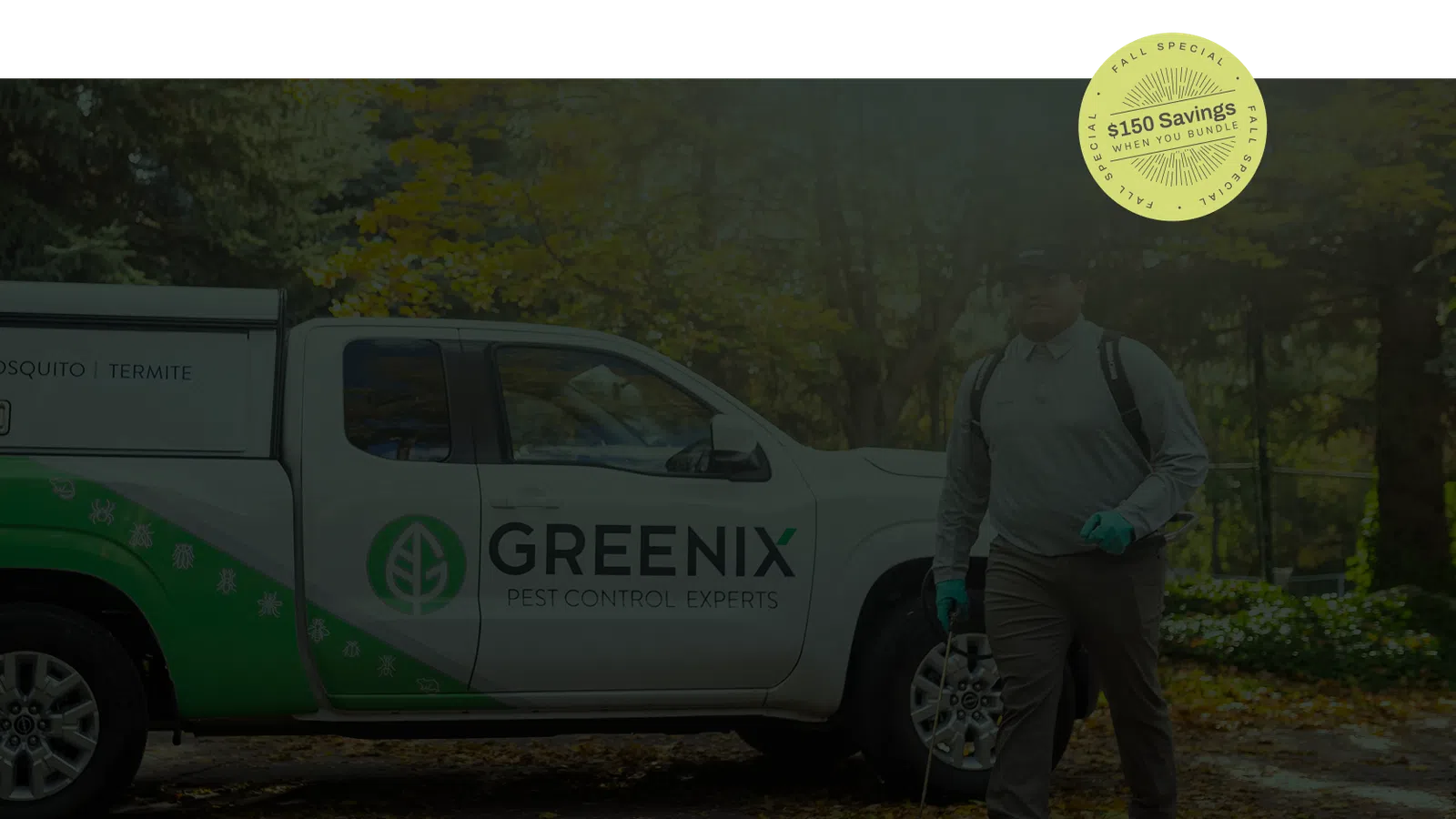 Greenix pest control truck parked outdoors with technician in protective gear holding equipment beside it