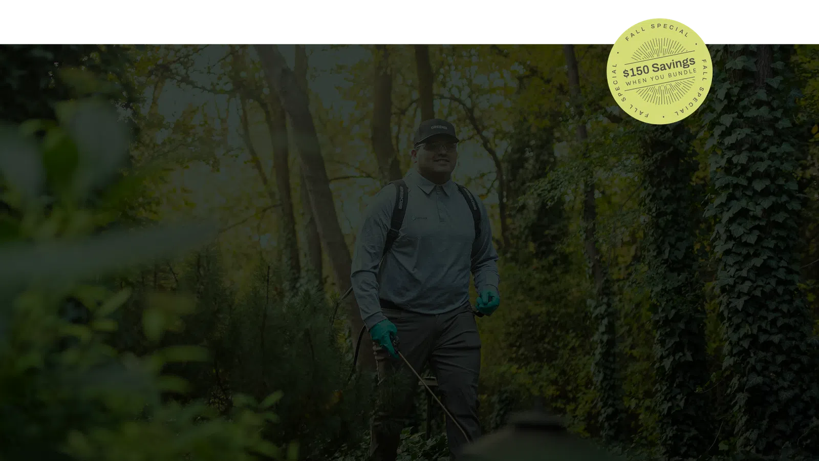 Man wearing gloves spraying plants in a lush green garden with a special offer badge for $150 savings
