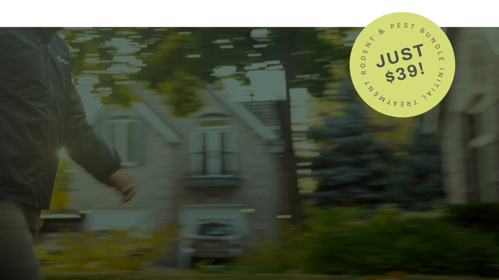 A person walking outside with a pest control kit, surrounded by fall foliage, promoting a special offer.