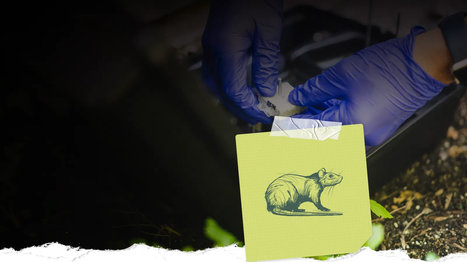 Hands wearing blue gloves handling a cotton swab over soil with a taped illustration of a rat on a yellow sticky note.