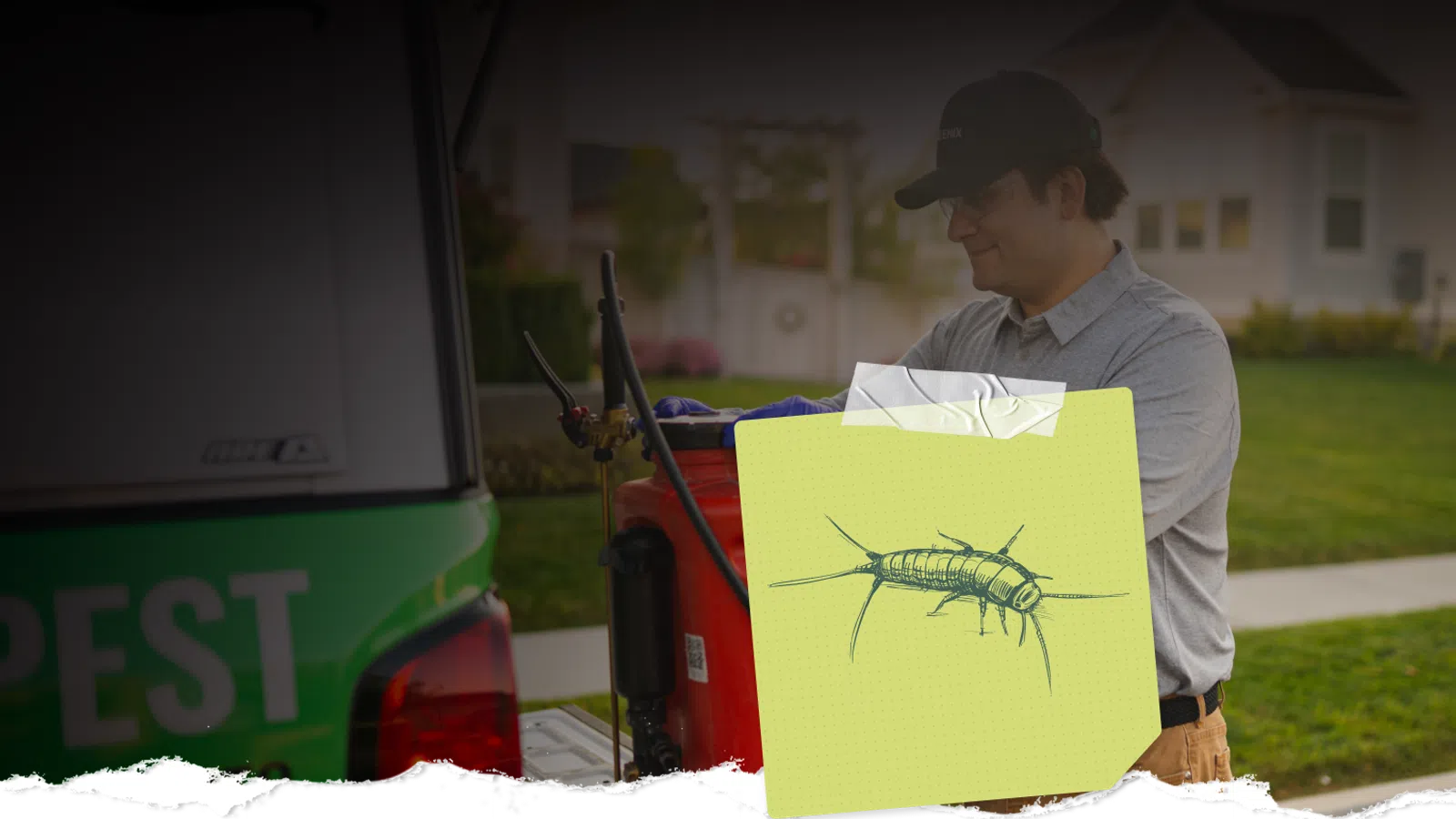 Pest control technician preparing equipment next to a truck with a note showing an insect illustration.
