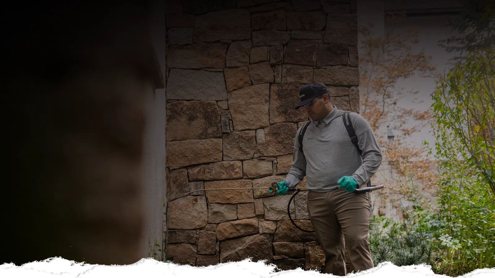 Pest control worker spraying insecticide on a stone wall outside a building with greenery around.
