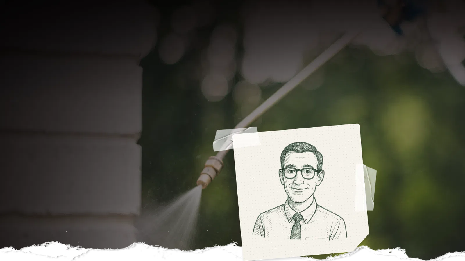 Power washer spraying water on surface near a taped sketch of a man in glasses and tie.
