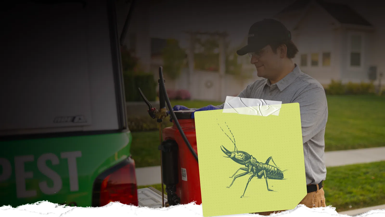 Pest control technician preparing equipment with a graphic of an insect on a sticky note in a residential yard.