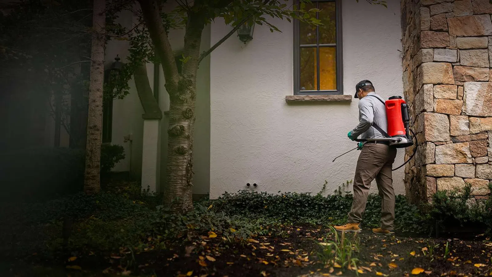 Worker wearing backpack sprayer applies pesticide to garden plants near stone and white house walls.